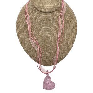 Pink Heart Glass Lampwork Pendant Necklace Floral Multi-Strand Ribbon Cord